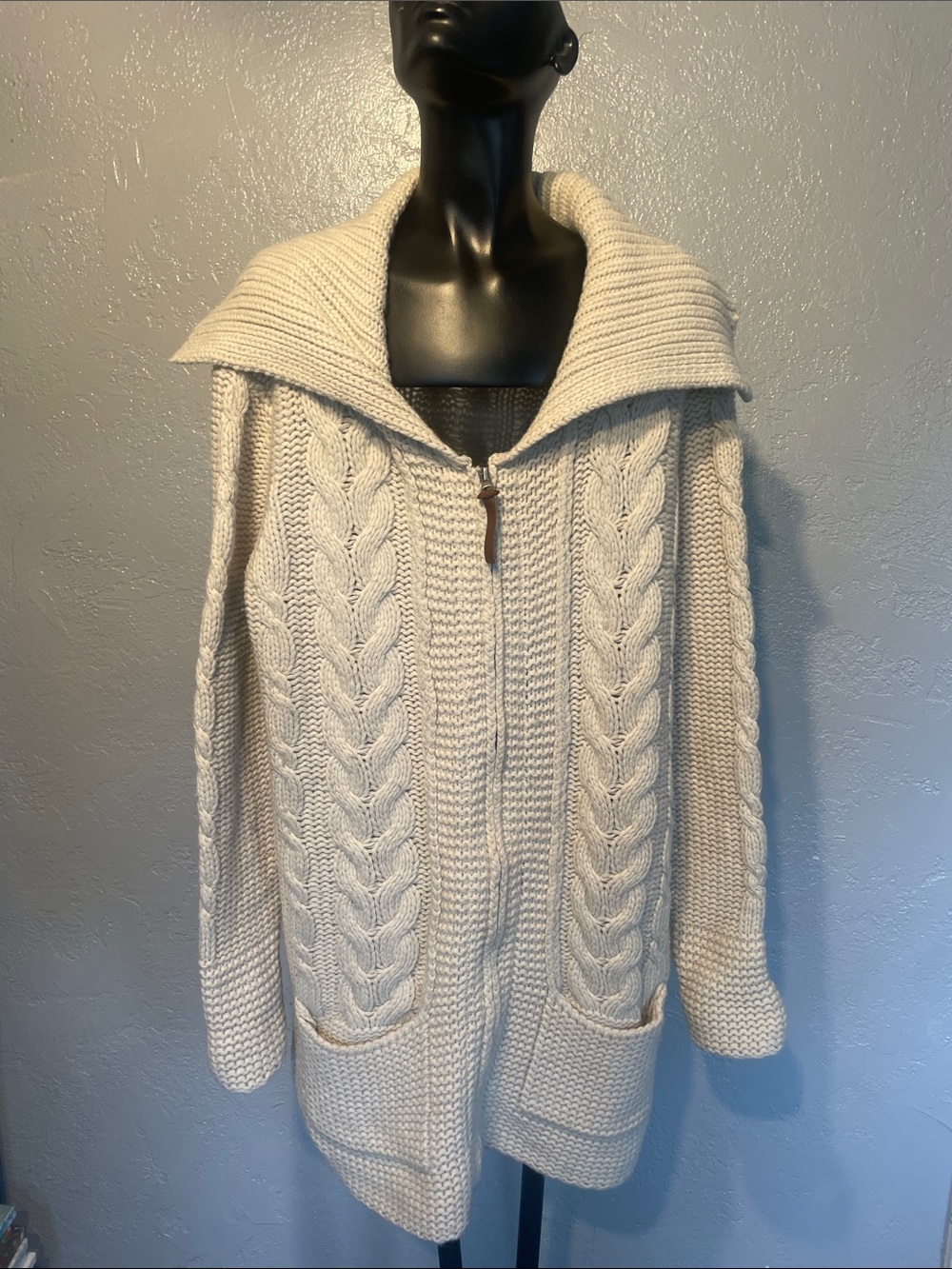 Chunky Cable-Knit Zip Cardigan Sweater - Cream Irish knit natural wool